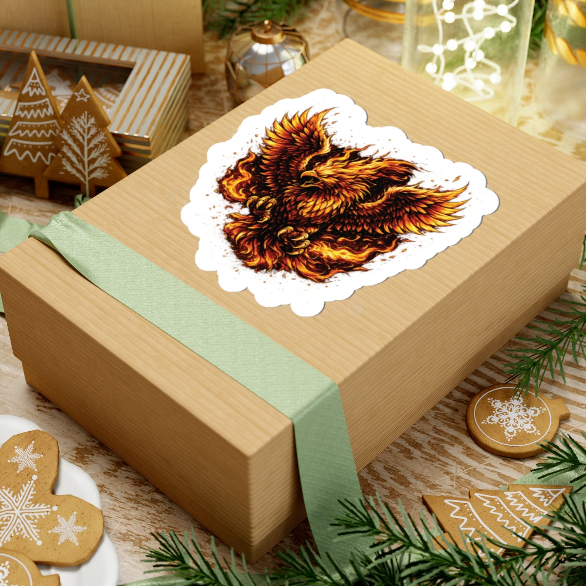 Flaming Phoenix Kiss-Cut Sticker — Fiery Mythical Bird Laptop Decal