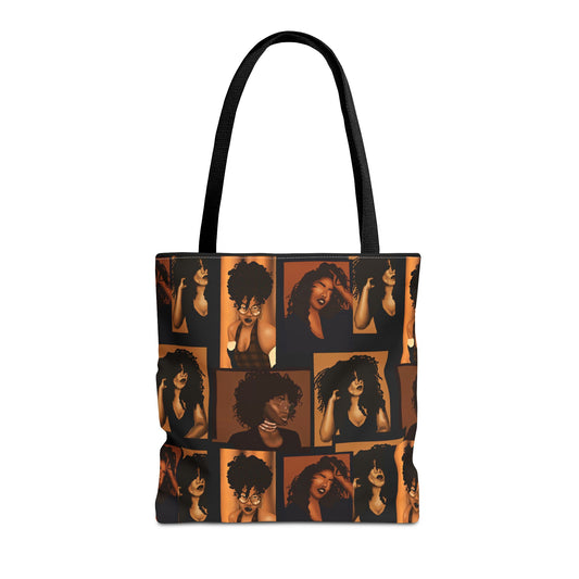 Afro Beauty Photo Collage Tote Bag — Retro Brown Portrait All-Over Print