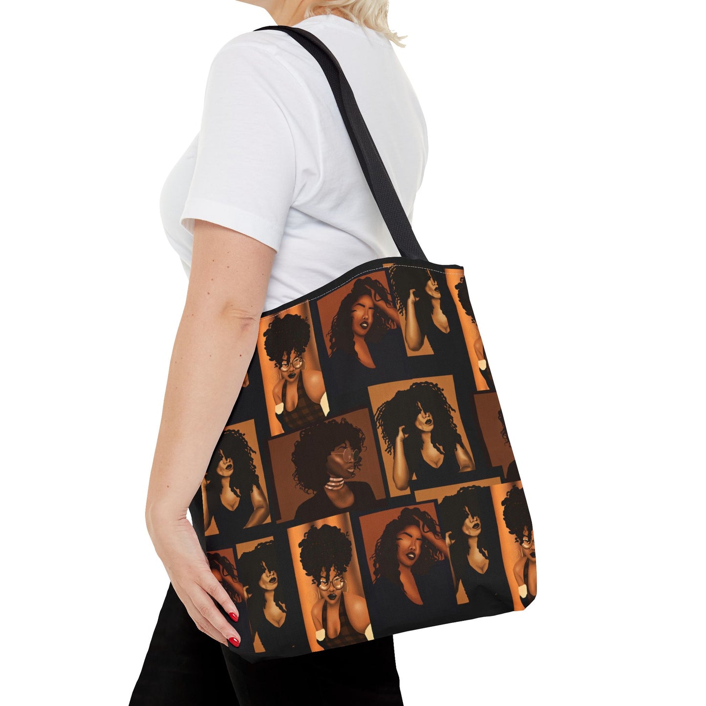Afro Beauty Photo Collage Tote Bag — Retro Brown Portrait All-Over Print