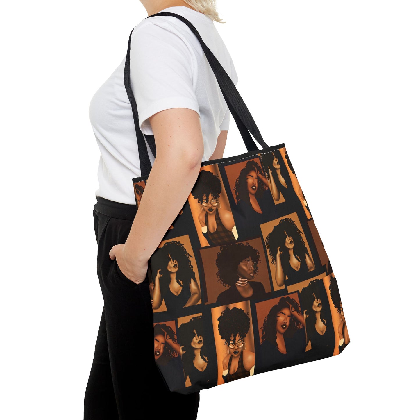 Afro Beauty Photo Collage Tote Bag — Retro Brown Portrait All-Over Print