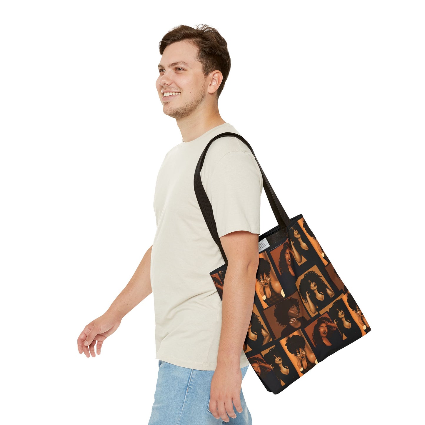 Afro Beauty Photo Collage Tote Bag — Retro Brown Portrait All-Over Print