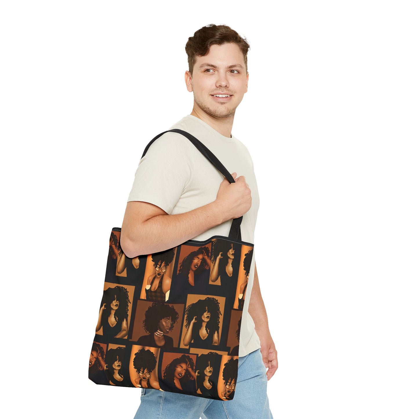 Afro Beauty Photo Collage Tote Bag — Retro Brown Portrait All-Over Print